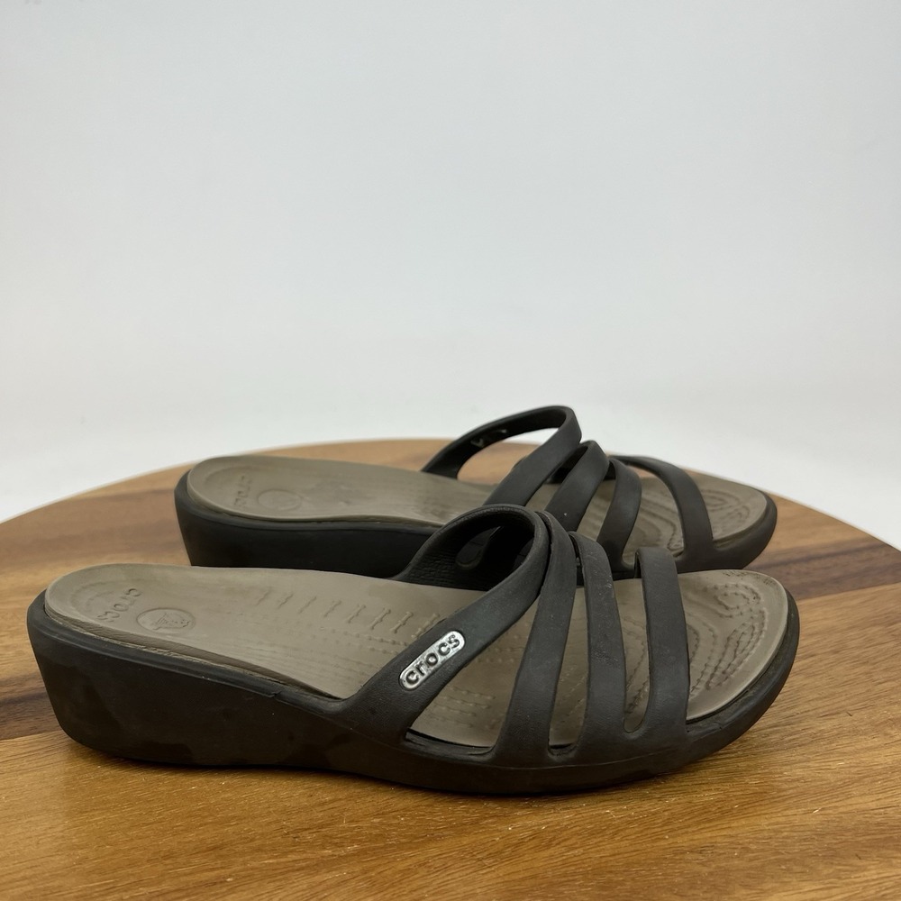Womens Crocs Rhonda Brown Slip On Comfort Mini Wedge Slides Sandals Size 6 M GUC